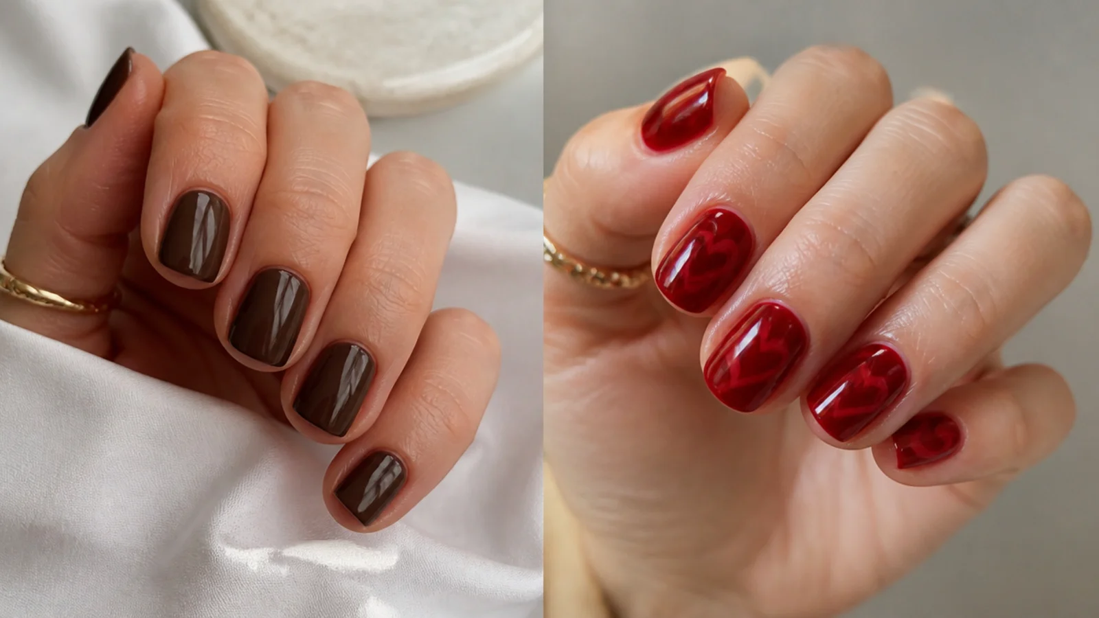 Short chocolate brown office nails beside sheer red date-night nails