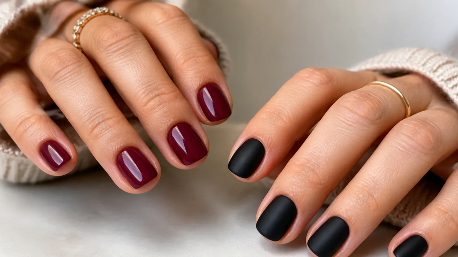 Short nails in warm deep berry beside a cold flat black for comparison