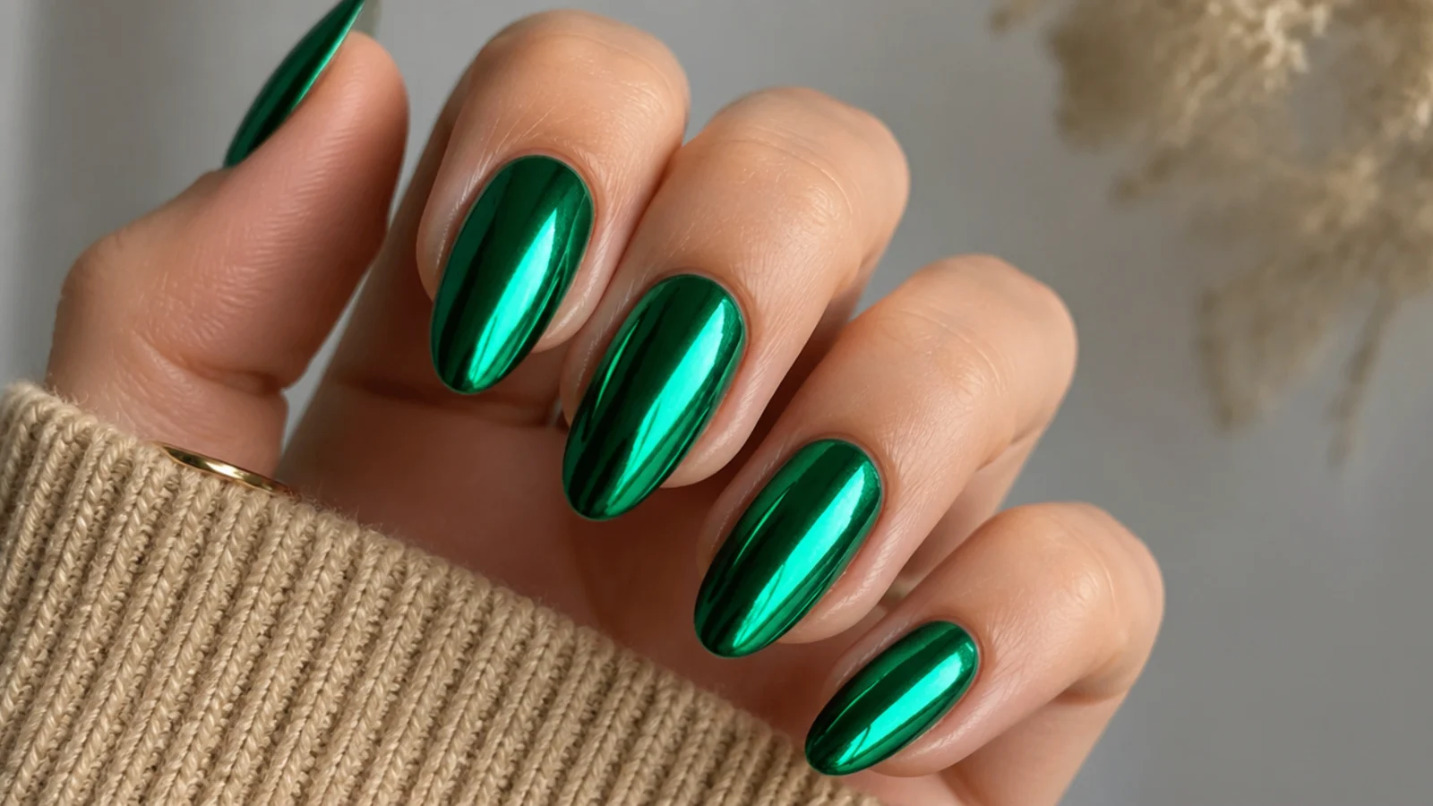 Metallic mirror-chrome dark emerald green nails reflecting light