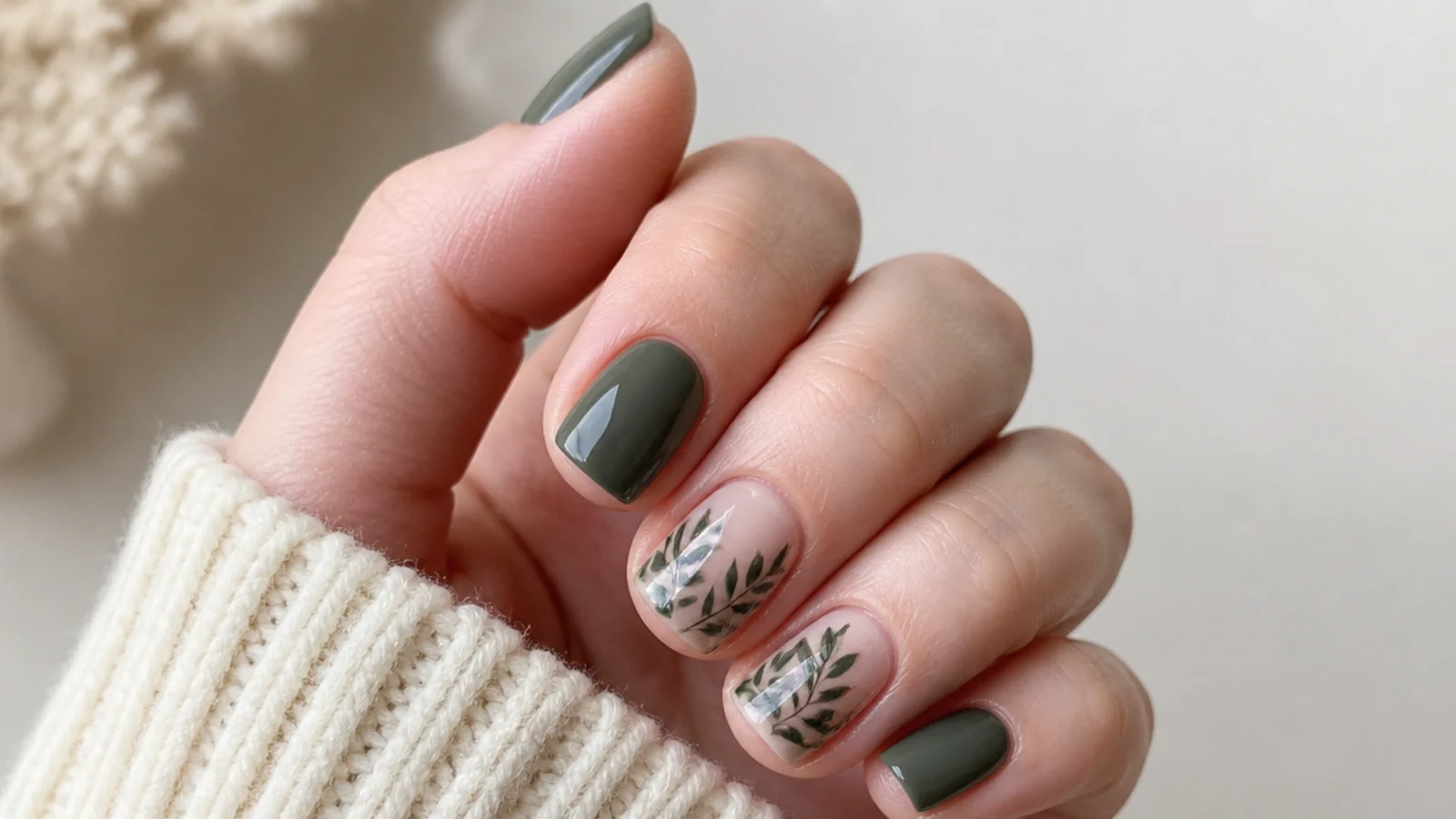 Soft muted forest-green nails on fair cool-toned skin, short square shape
