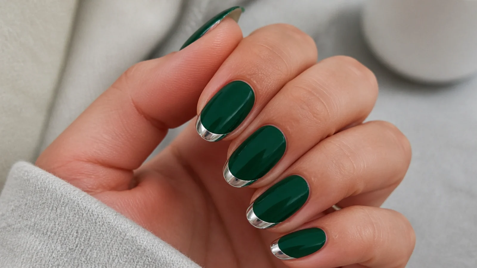 Dark emerald green nails with cool silver chrome french tips