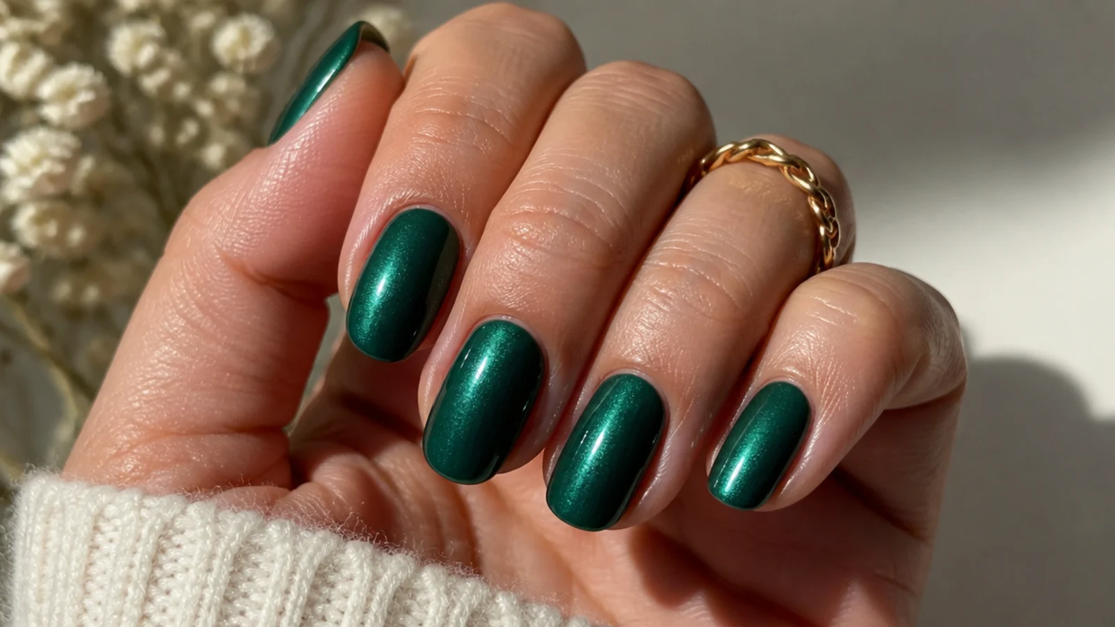 Dark emerald green nails with a pearly glazed shimmer finish