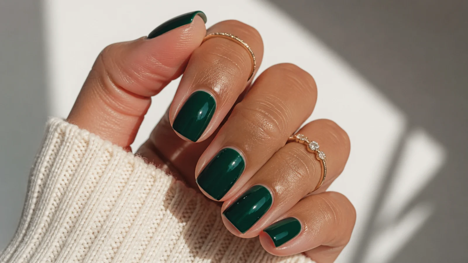 Short squoval nails in glossy dark emerald green on medium skin