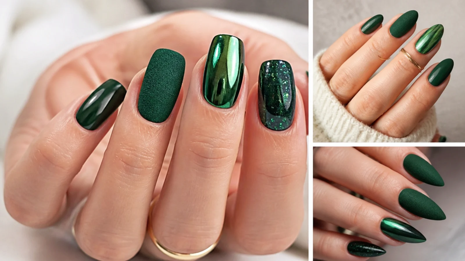 Glossy, velvet matte and chrome dark emerald nails on different shapes