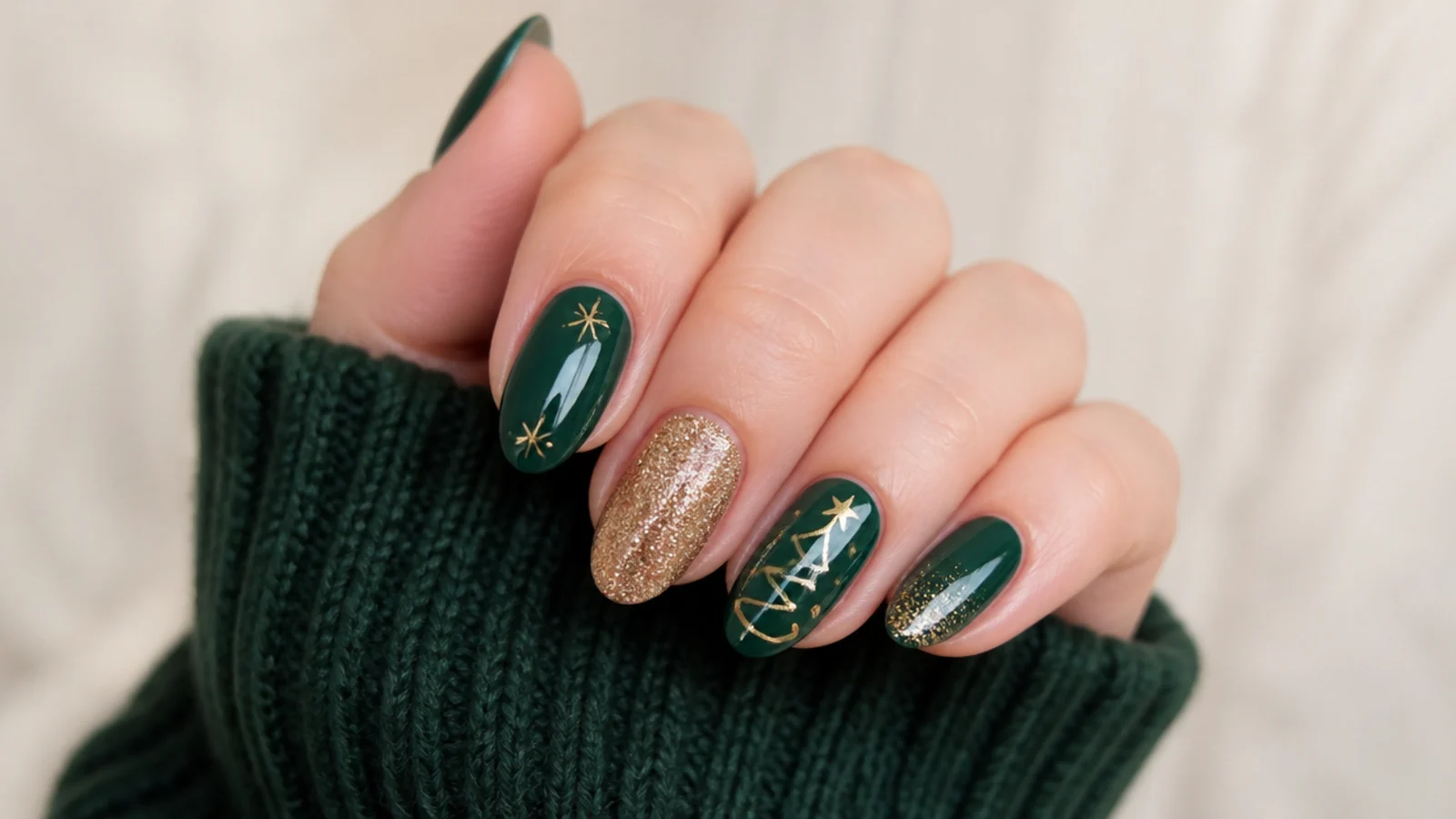 Festive dark emerald and gold nails styled for a holiday setting