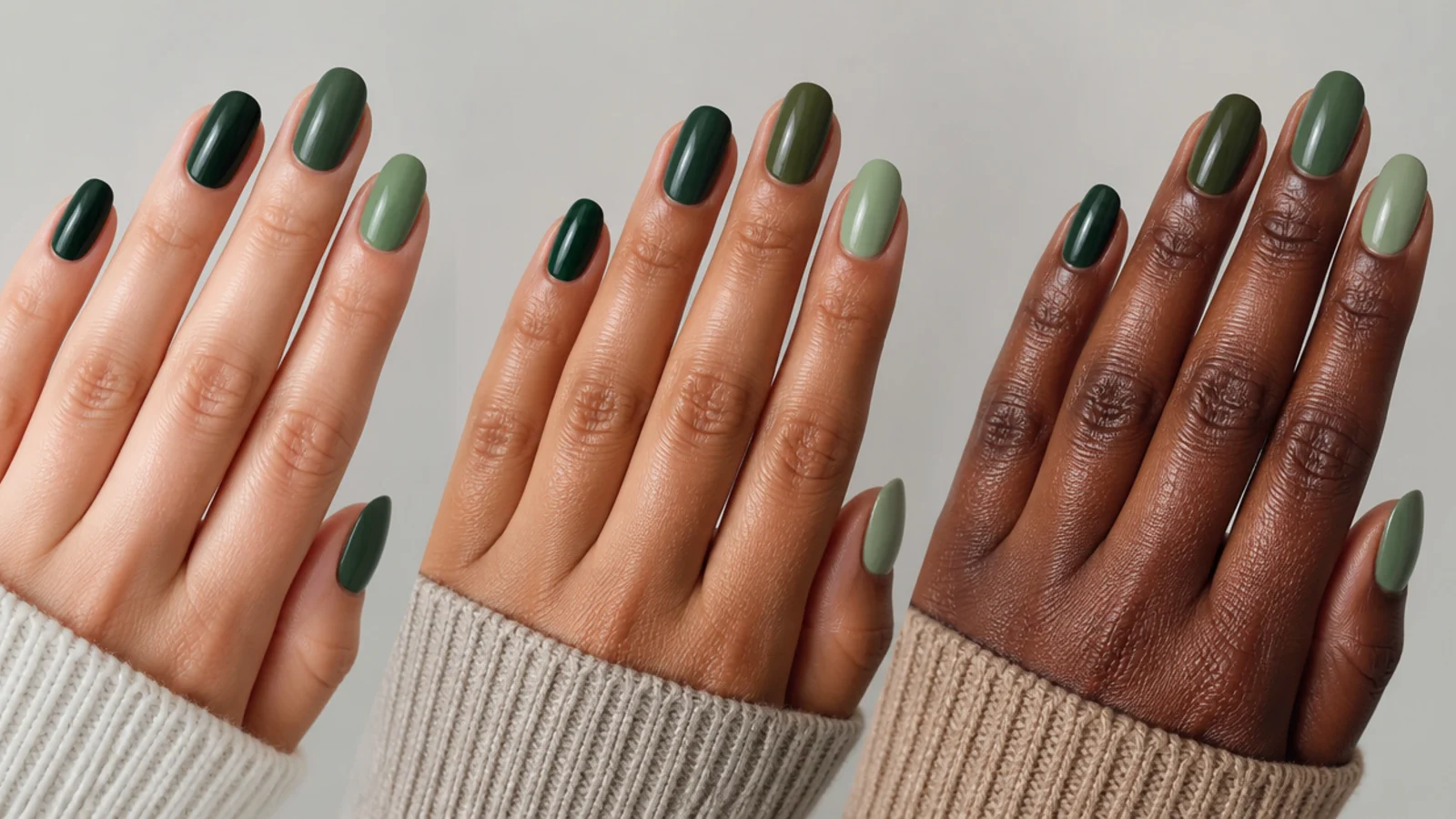 Dark emerald, forest and olive green swatches compared across skin tones