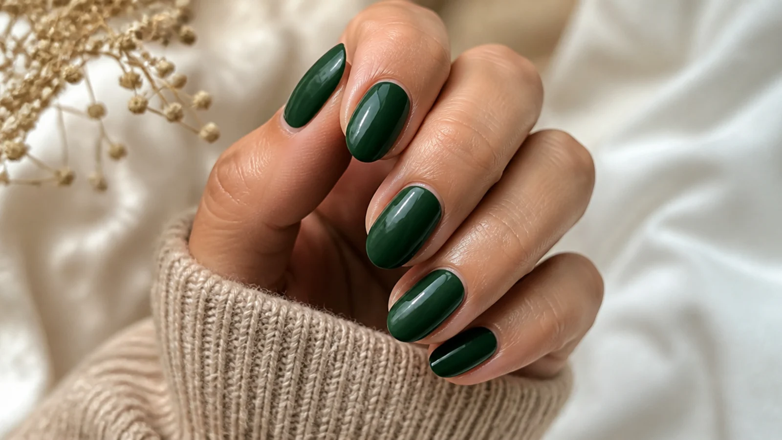 Glossy solid pine green nails on a short almond shape