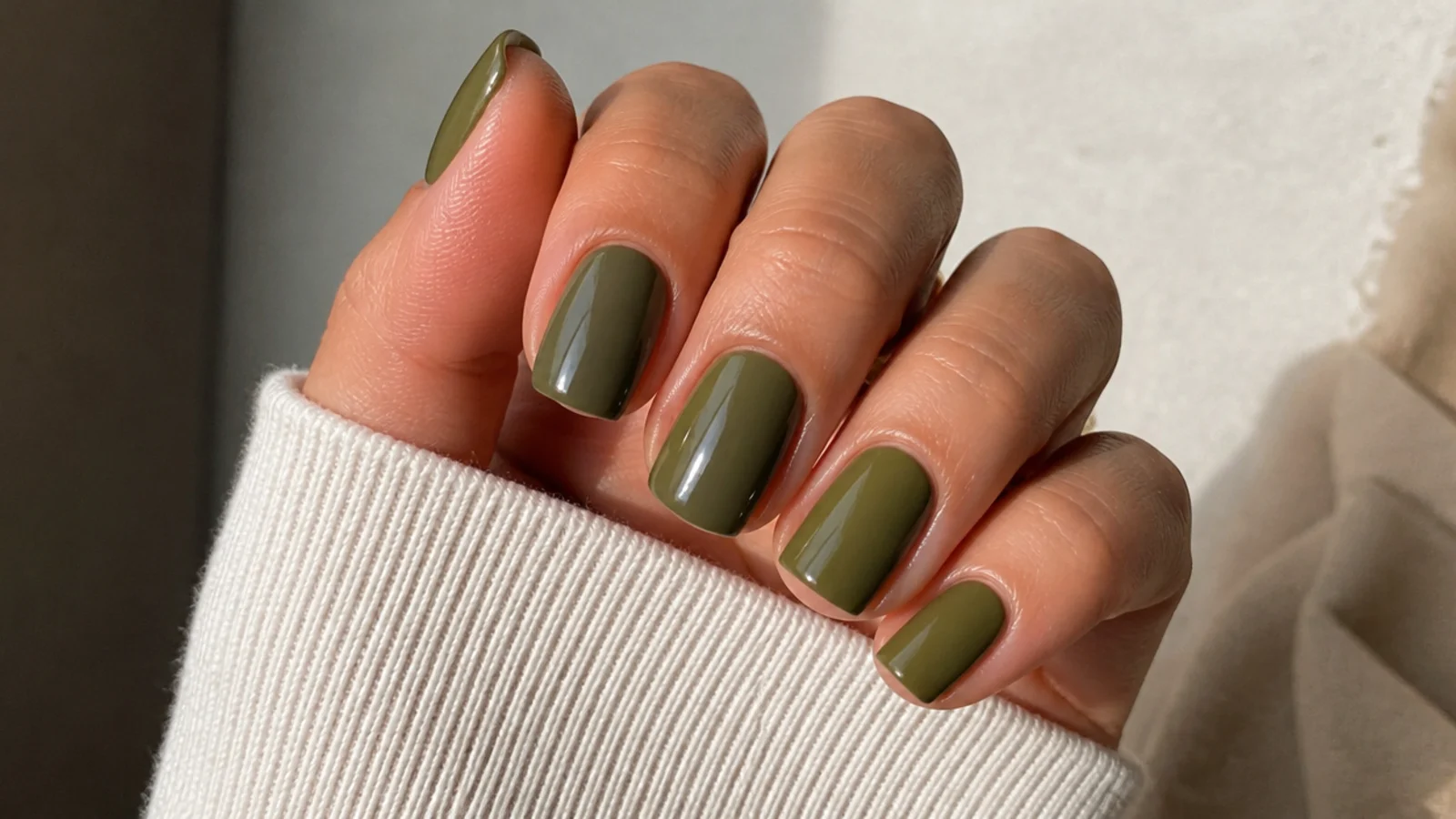 Warm olive green nails on a squoval shape