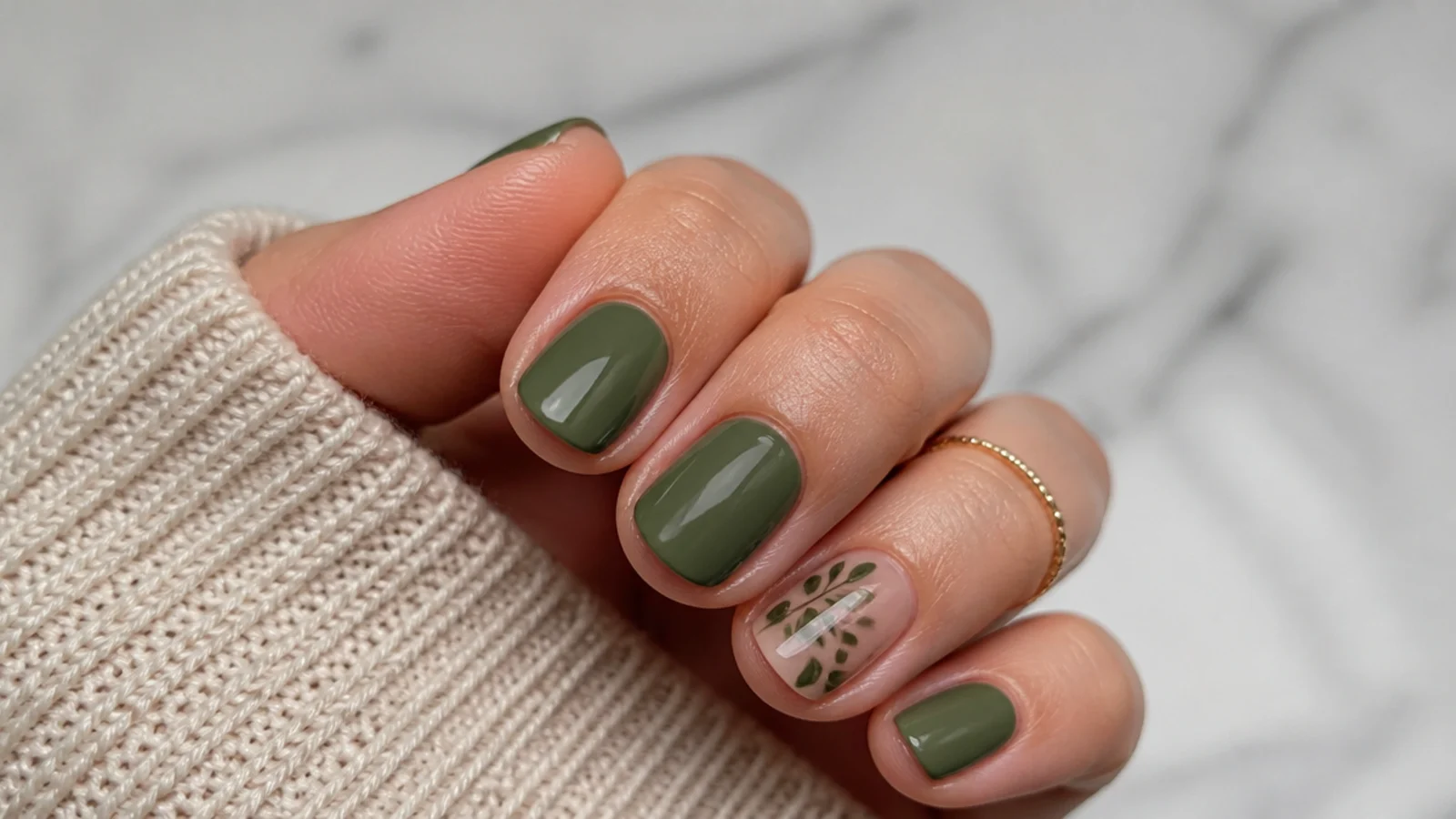 Muted sage-leaning forest green nails on short round nails