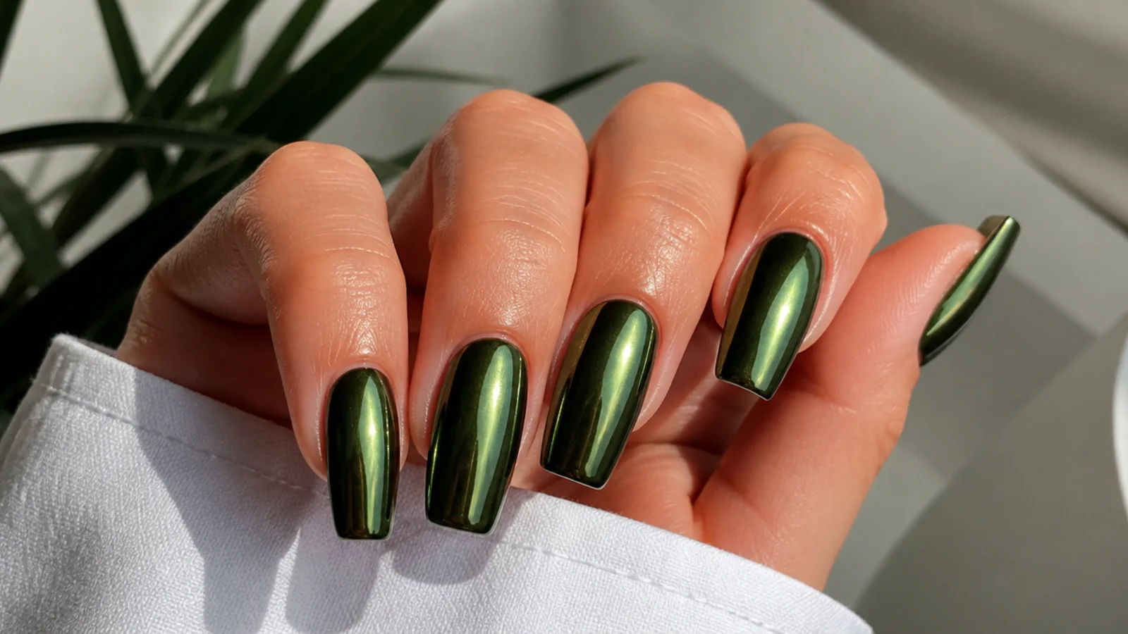 Reflective chrome dark green nails on a coffin shape