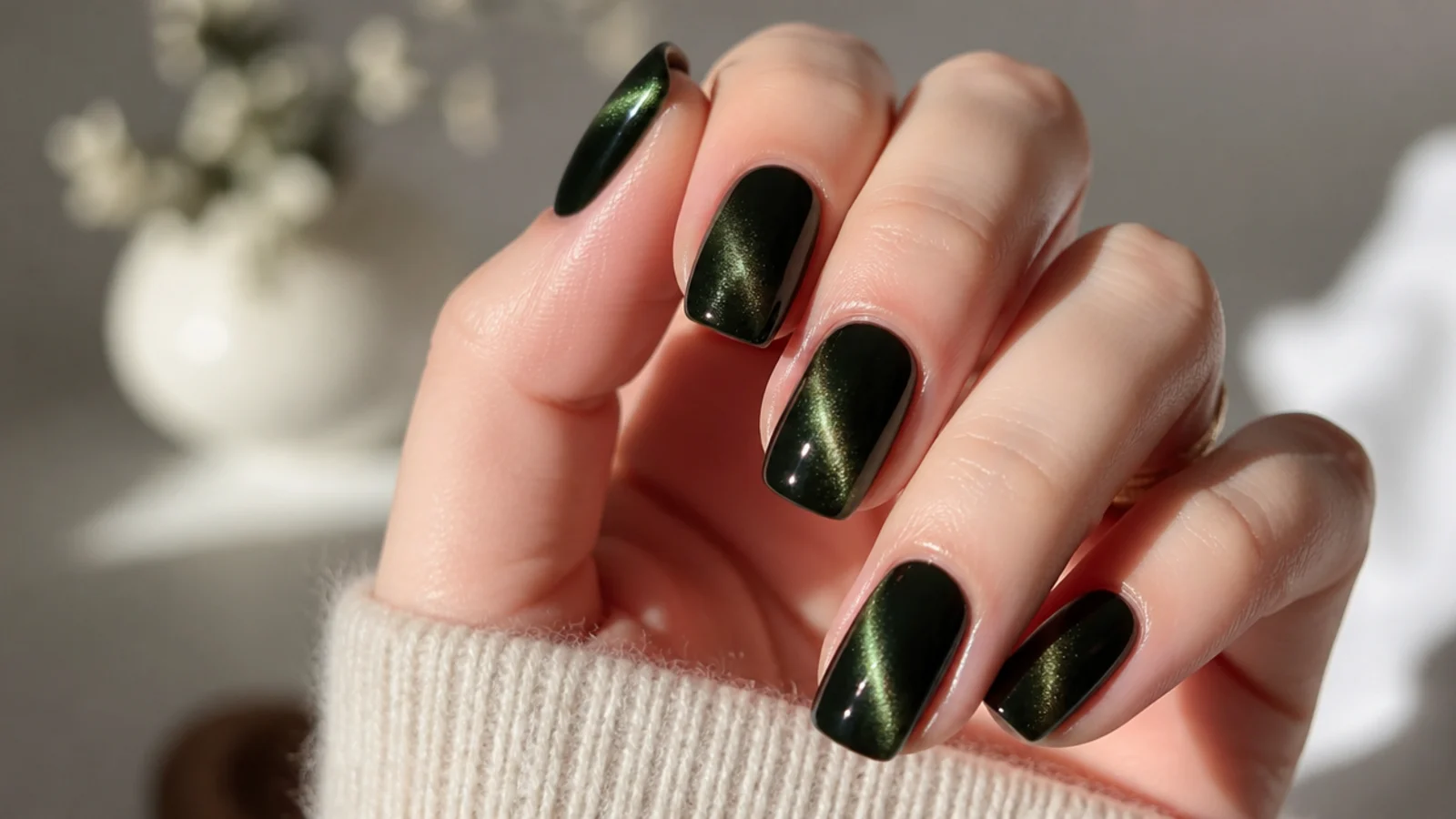 Velvet cat-eye dark green nails with a soft light stripe