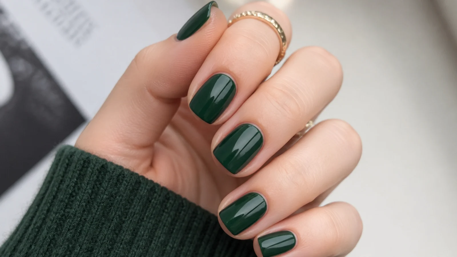 Short squoval nails in glossy deep forest green