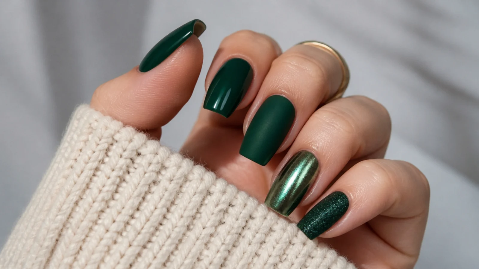 Dark green nails shown in glossy, matte, chrome and velvet finishes