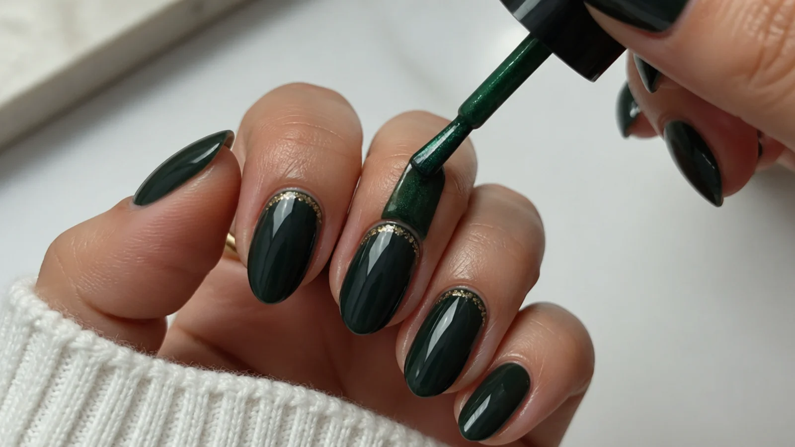 Layering emerald gel over a dark base to build a deep green shade