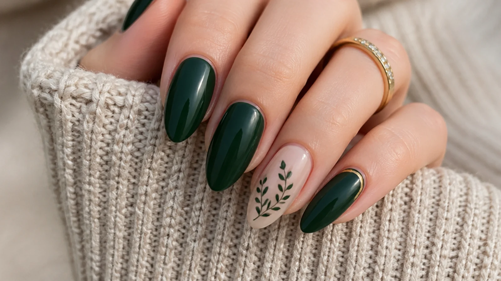 Glossy dark forest green nails in an almond shape on a cozy knit background