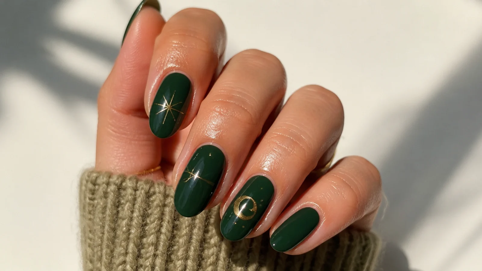 A well-sealed dark green gel manicure with cuticle oil for longevity