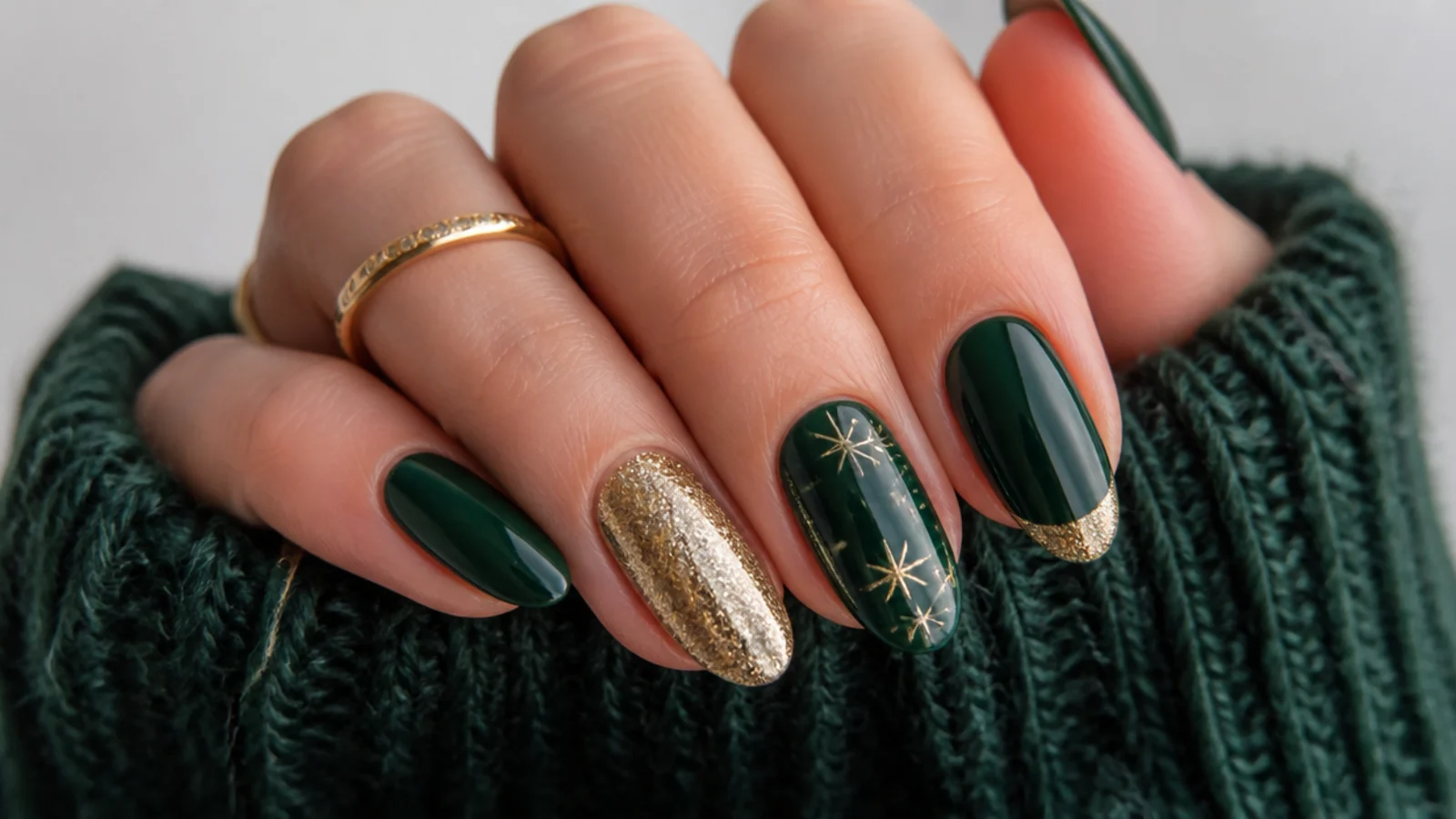 Dark green and gold nails styled for a holiday occasion