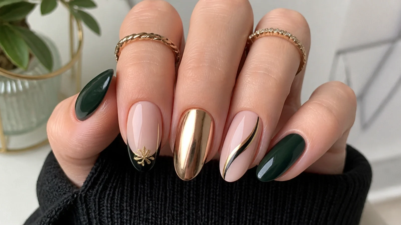 Dark green nails paired with gold, chrome, black and nude accents