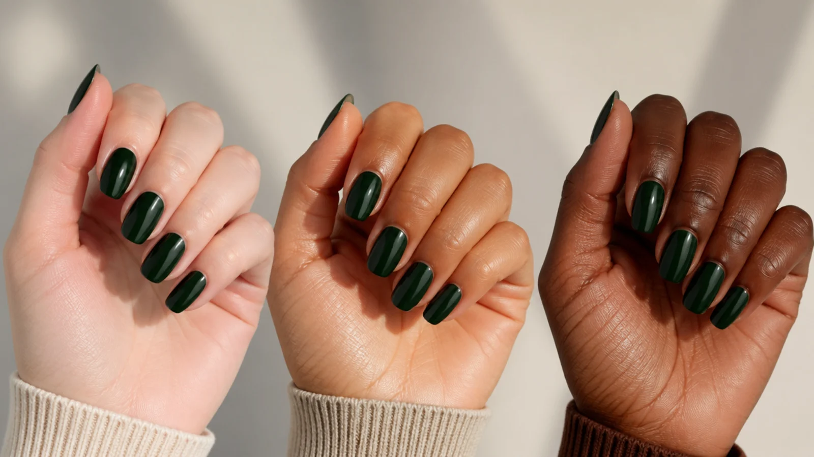Dark green nail swatches shown against different skin tones