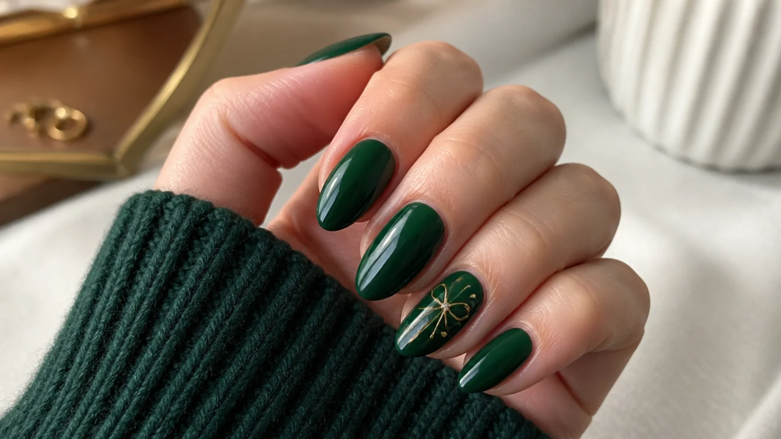 Glossy dark emerald green acrylic nails on a medium-length almond shape