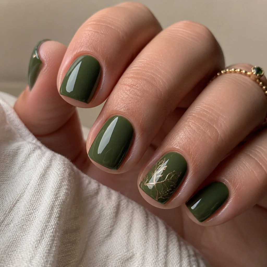 Warm olive dark green acrylic nails on a short square shape