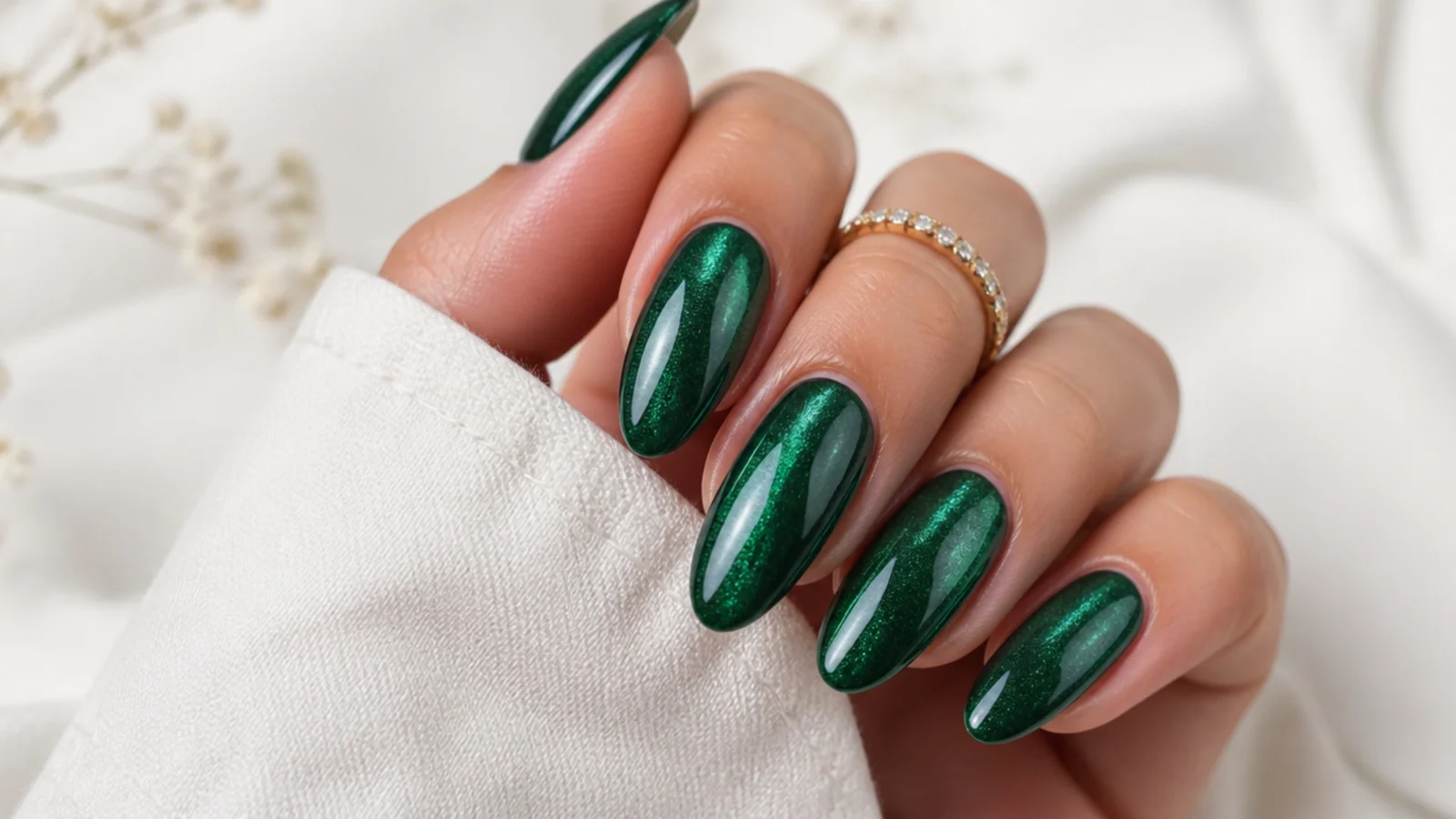 Emerald green velvet cat-eye acrylic nails with a soft magnetic shimmer