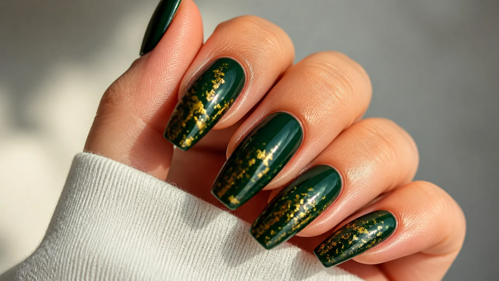 Deep forest green acrylic nails with scattered gold flake accents