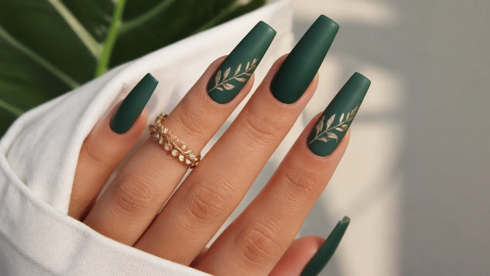 Matte deep forest green acrylic nails on a long coffin shape