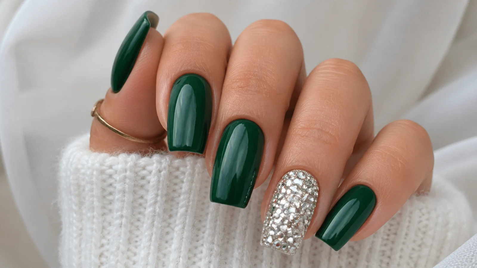 Emerald green acrylic nails with a rhinestone-cluster accent nail