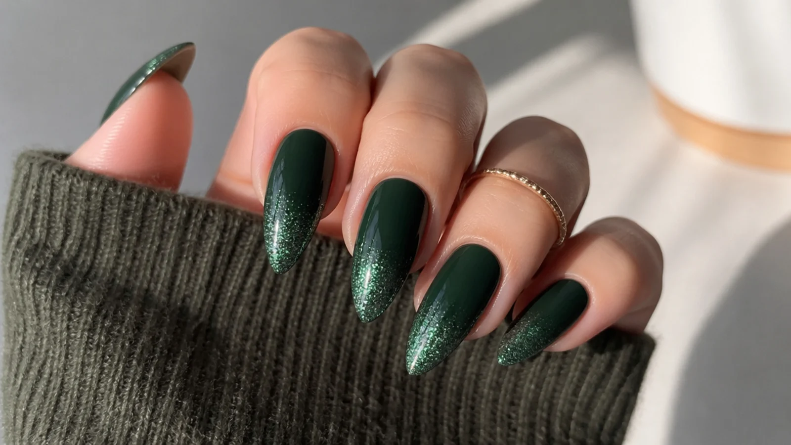 Dark green acrylic nails fading into green glitter at the tips