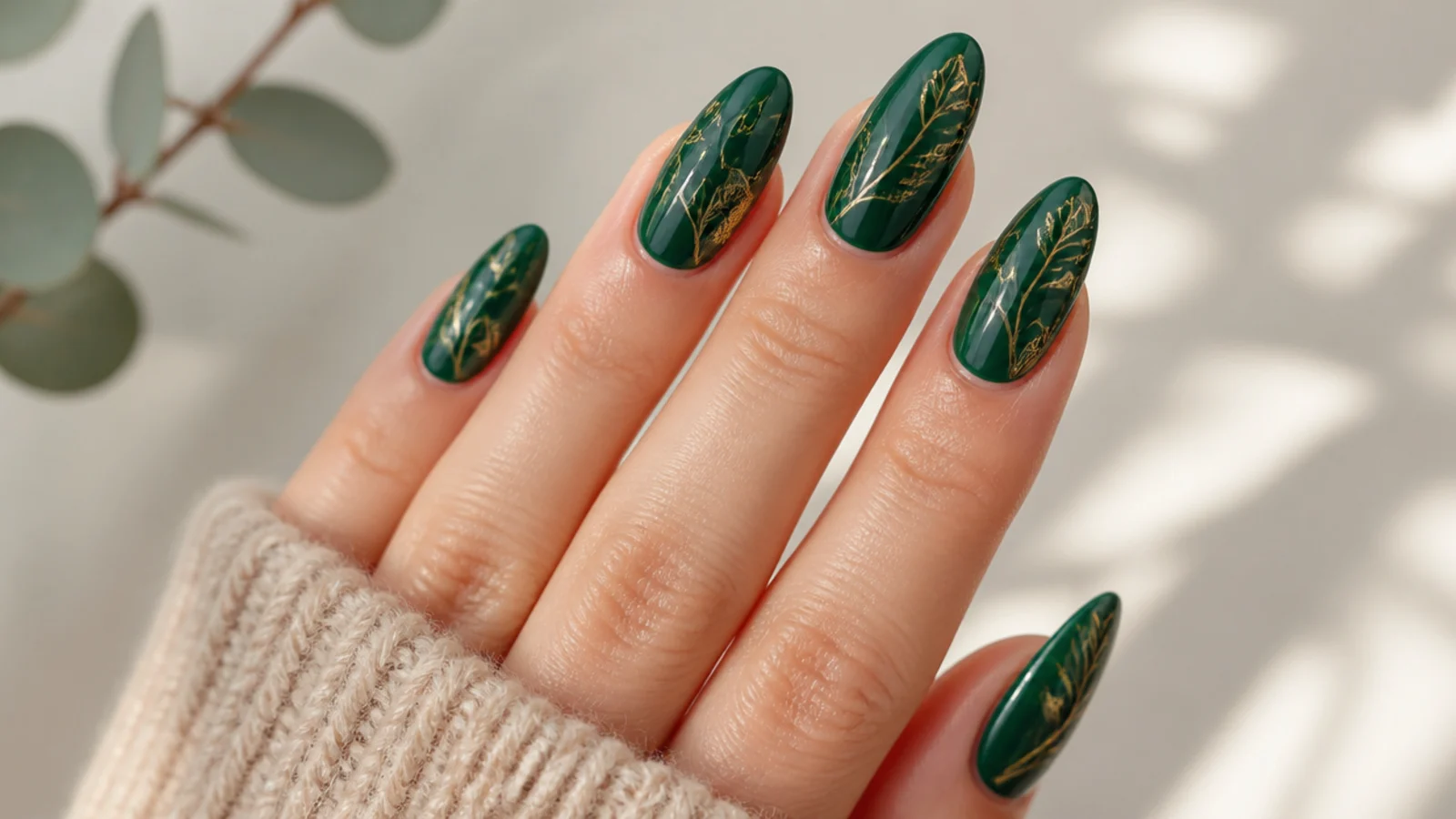 Deep forest green acrylic nails with fine gold leaf-vein art