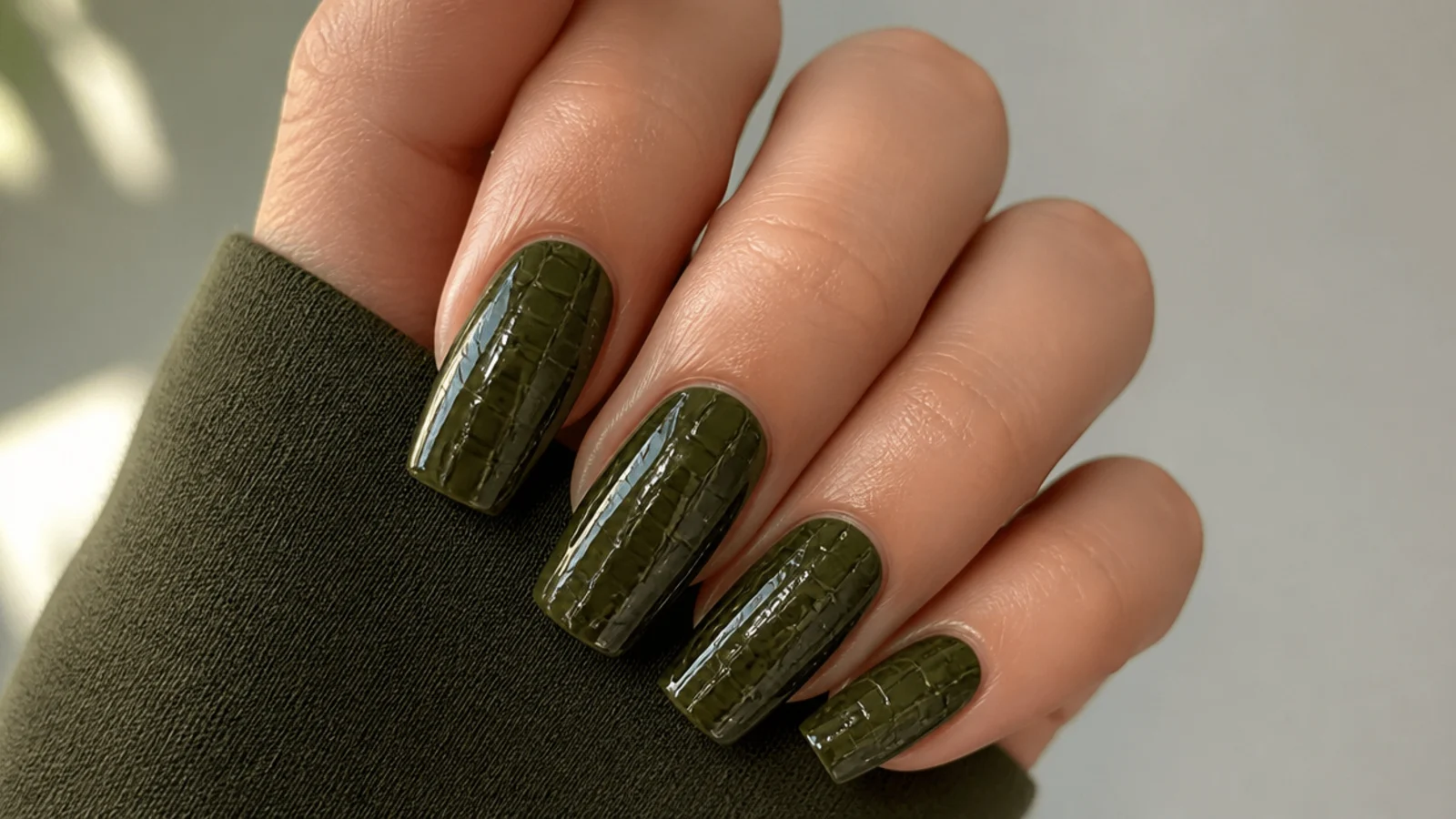 Olive dark green acrylic nails with an embossed croc-skin texture