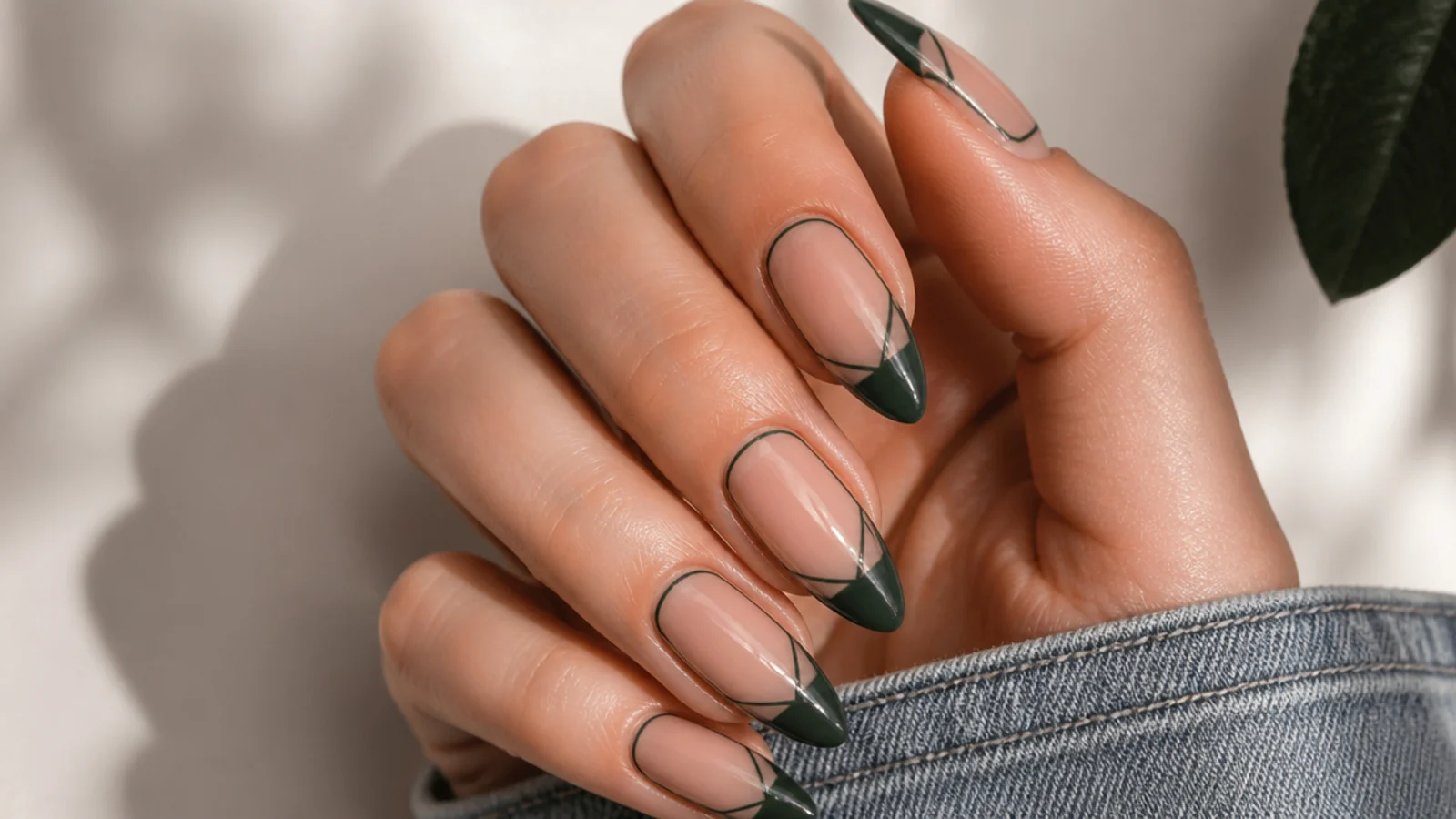 Clear acrylic nails with dark green negative-space geometric art