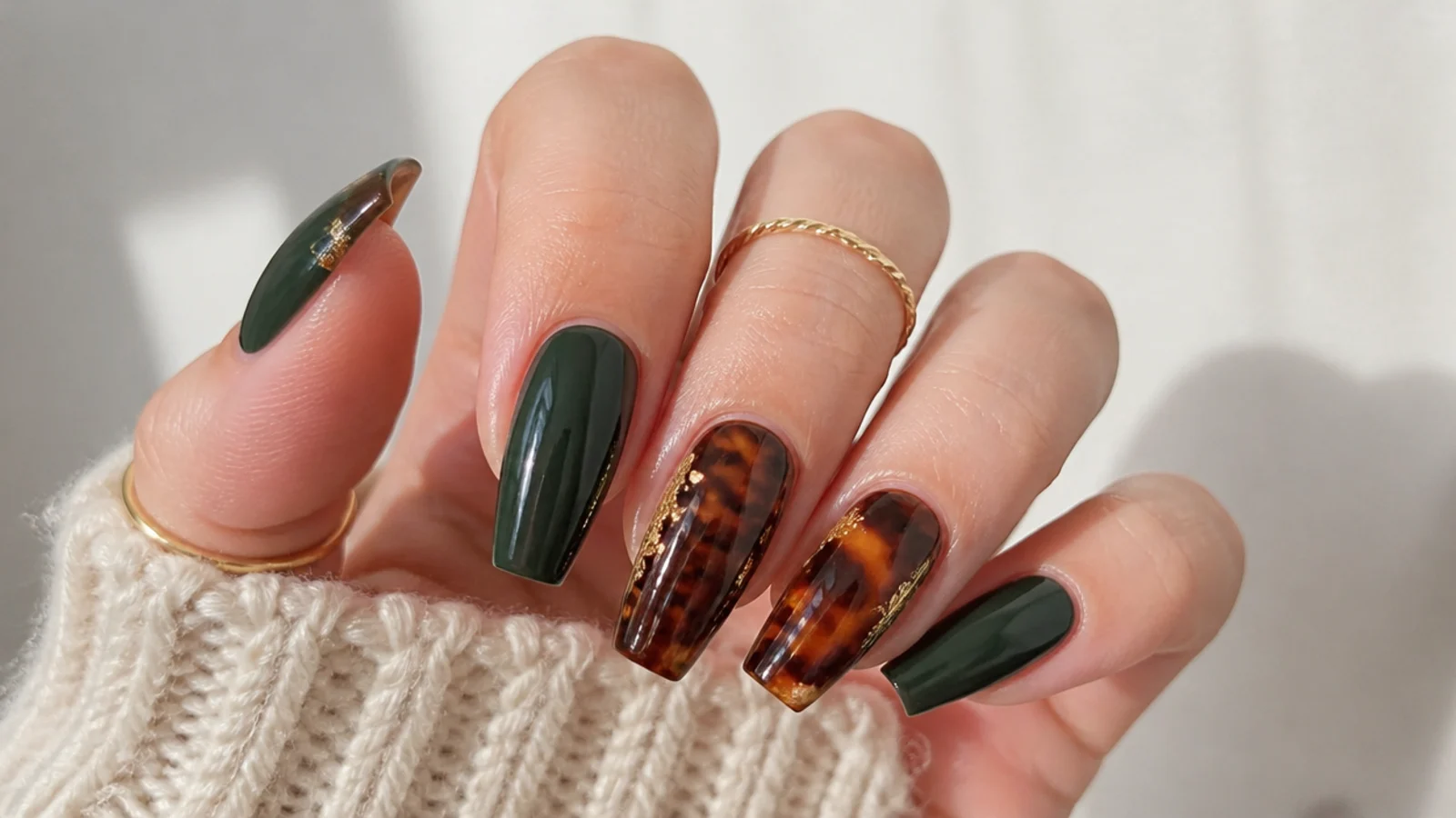 Forest green and amber tortoiseshell pattern acrylic nails