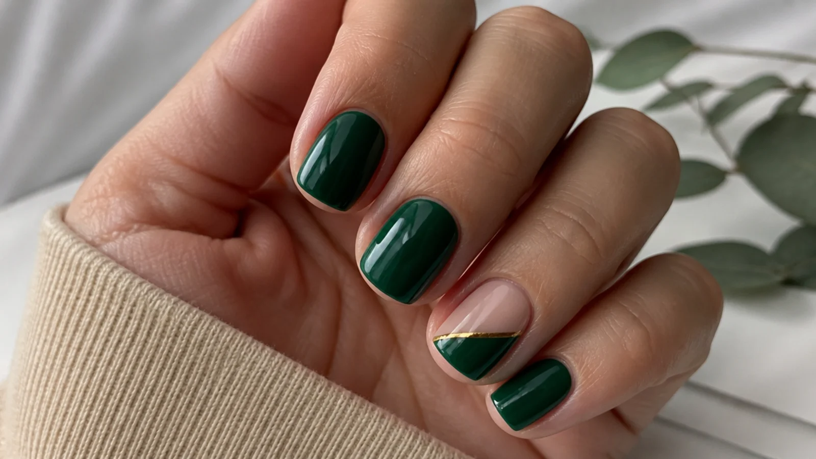 Short square glossy emerald green acrylic nails