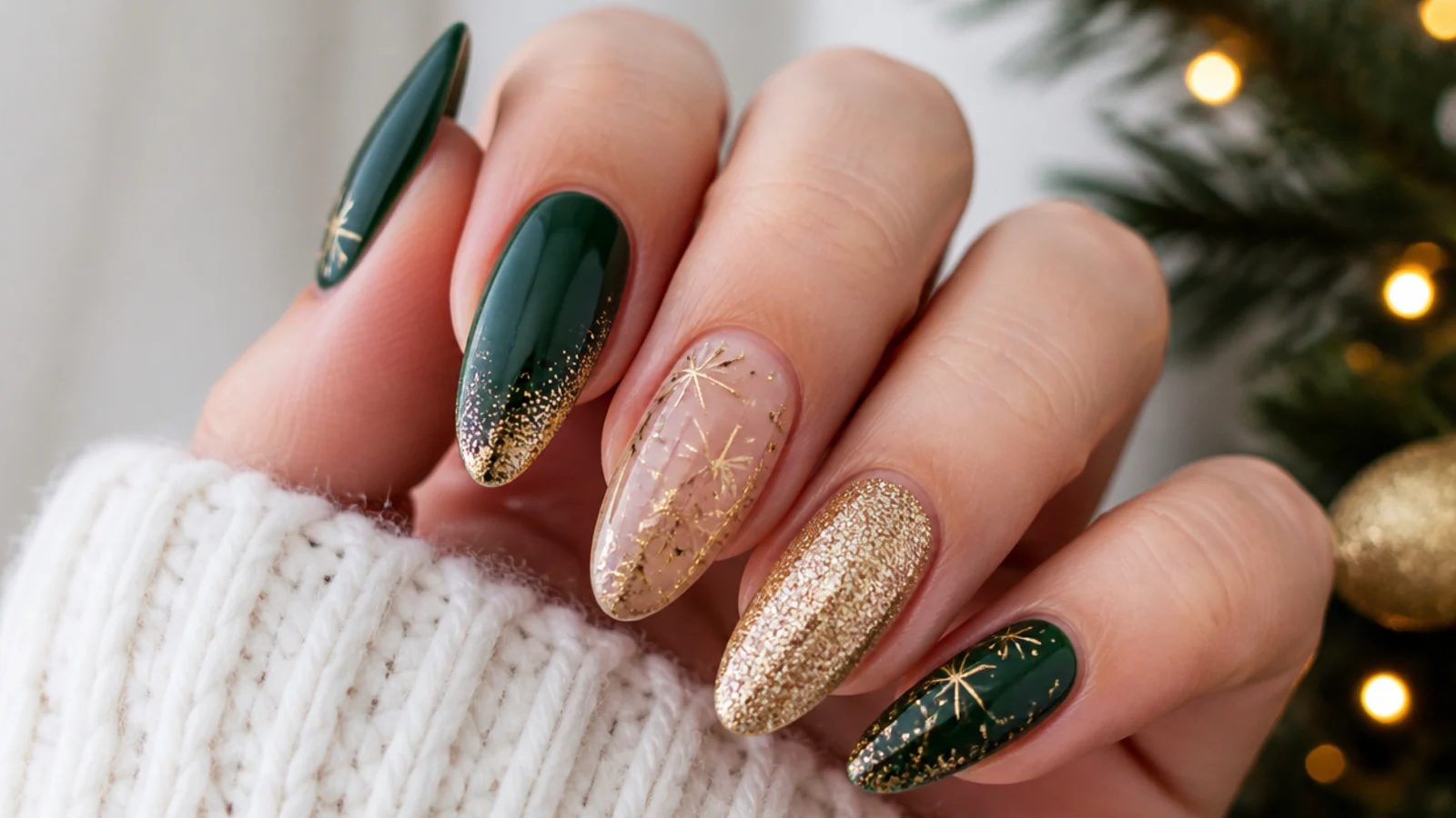 Emerald green and gold Christmas acrylic nails with festive accents