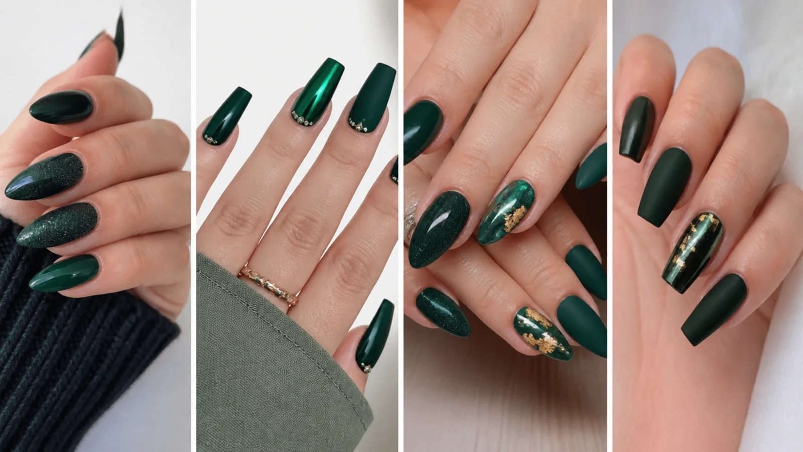 Glossy, matte, chrome and velvet dark green nails across almond and coffin shapes