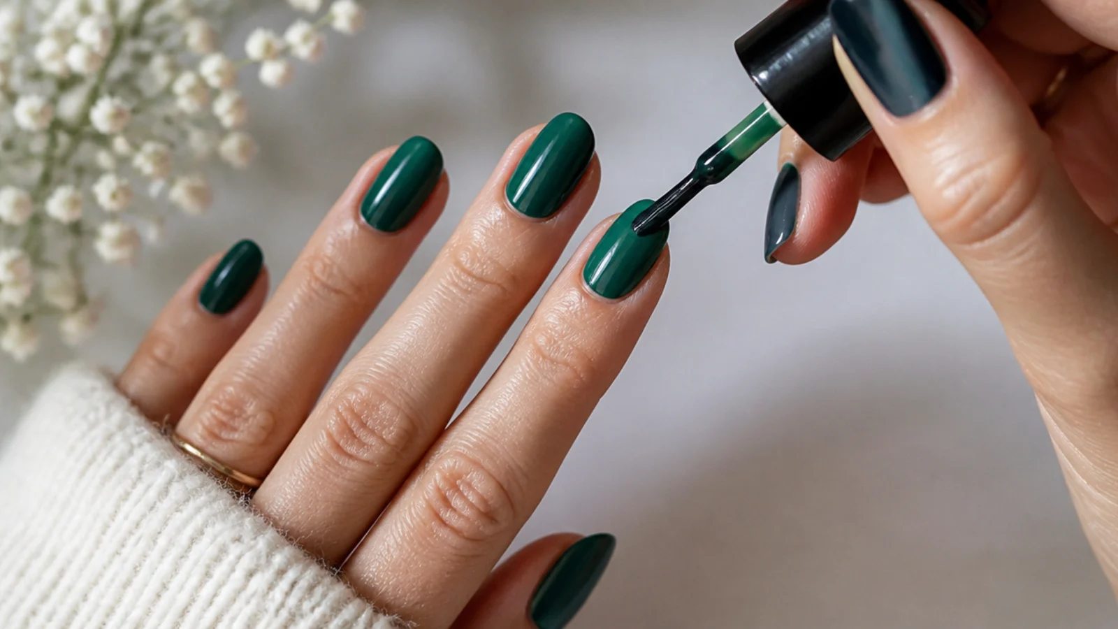 Layering dark green gel over a base coat to build a saturated emerald shade