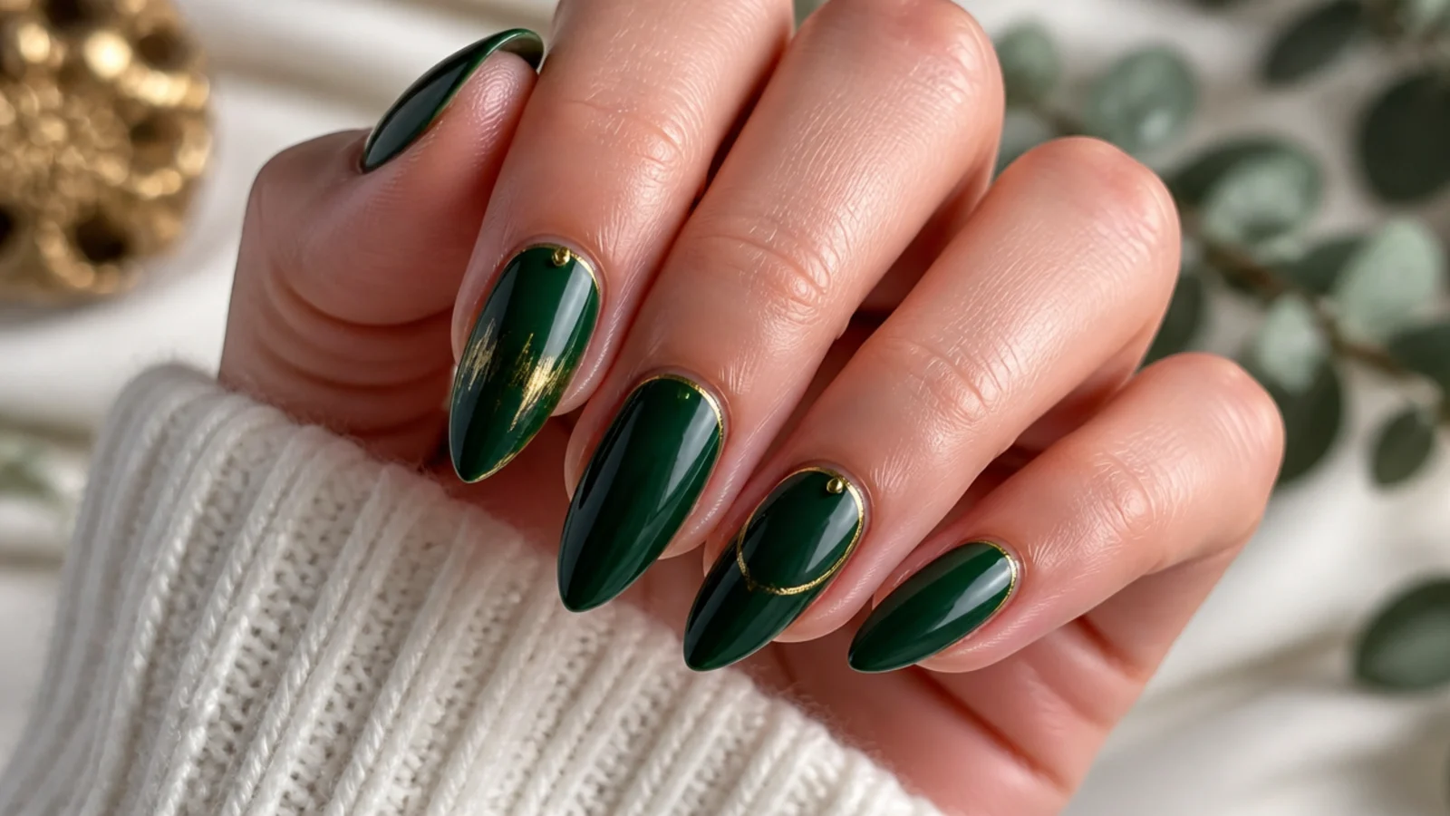 Glossy dark emerald green acrylic nails on an almond shape with gold accents