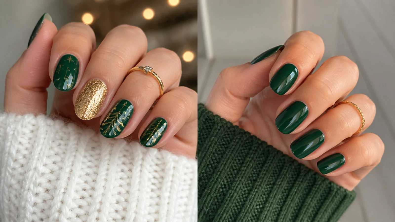 Festive emerald and gold nails beside a moody everyday forest green set