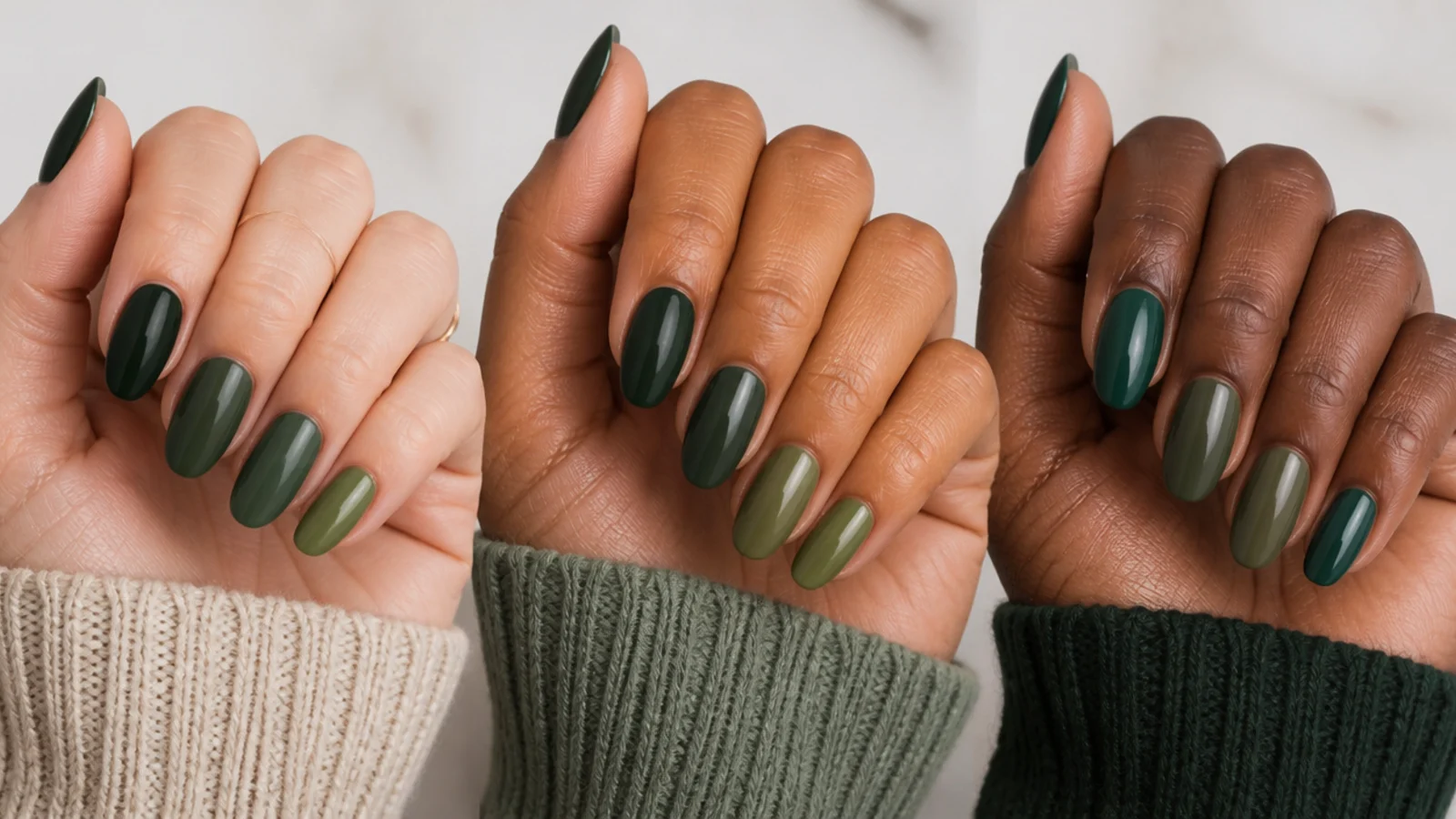 Emerald, forest and olive dark green swatches shown against different skin tones