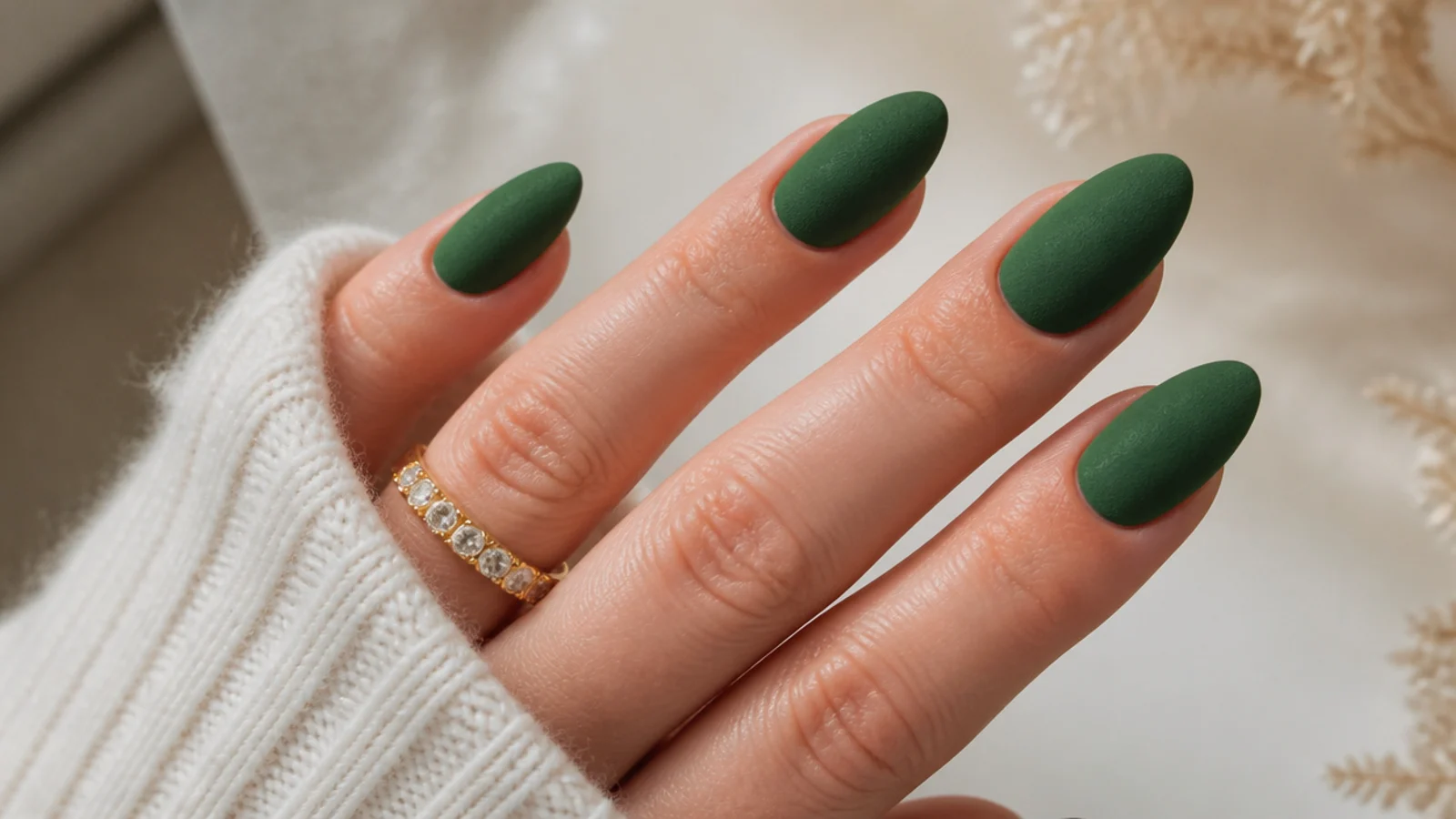 Soft matte velvet forest green nails with a suede-like sheen