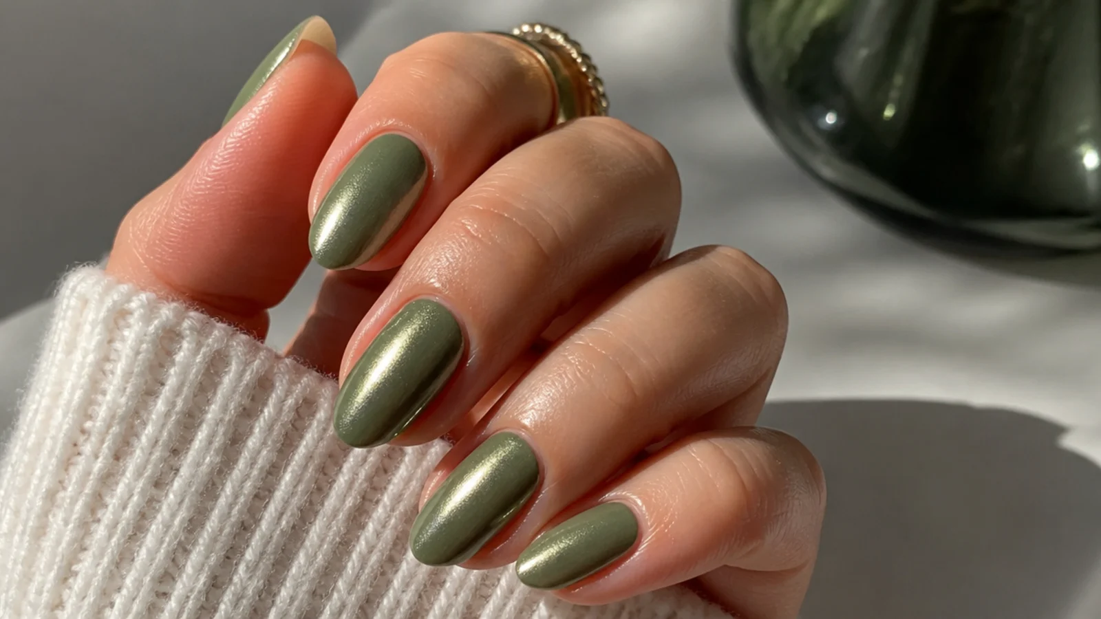 Warm olive green nails with a soft pearl glazed finish