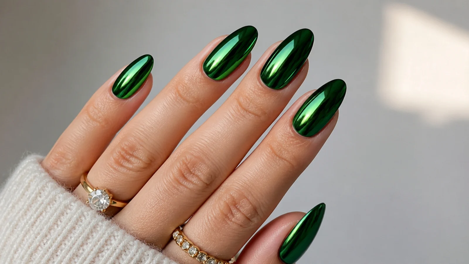 Mirror chrome dark green nails with a metallic reflective finish