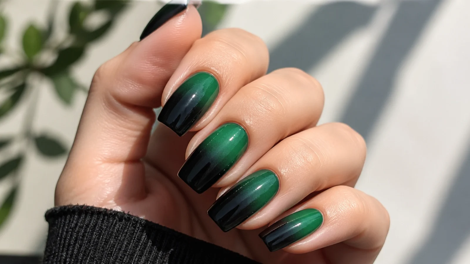 Ombre nails fading from dark emerald green into black at the tips