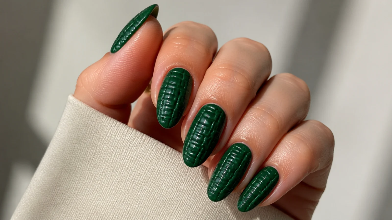 Dark emerald nails with a raised crocodile-skin textured pattern