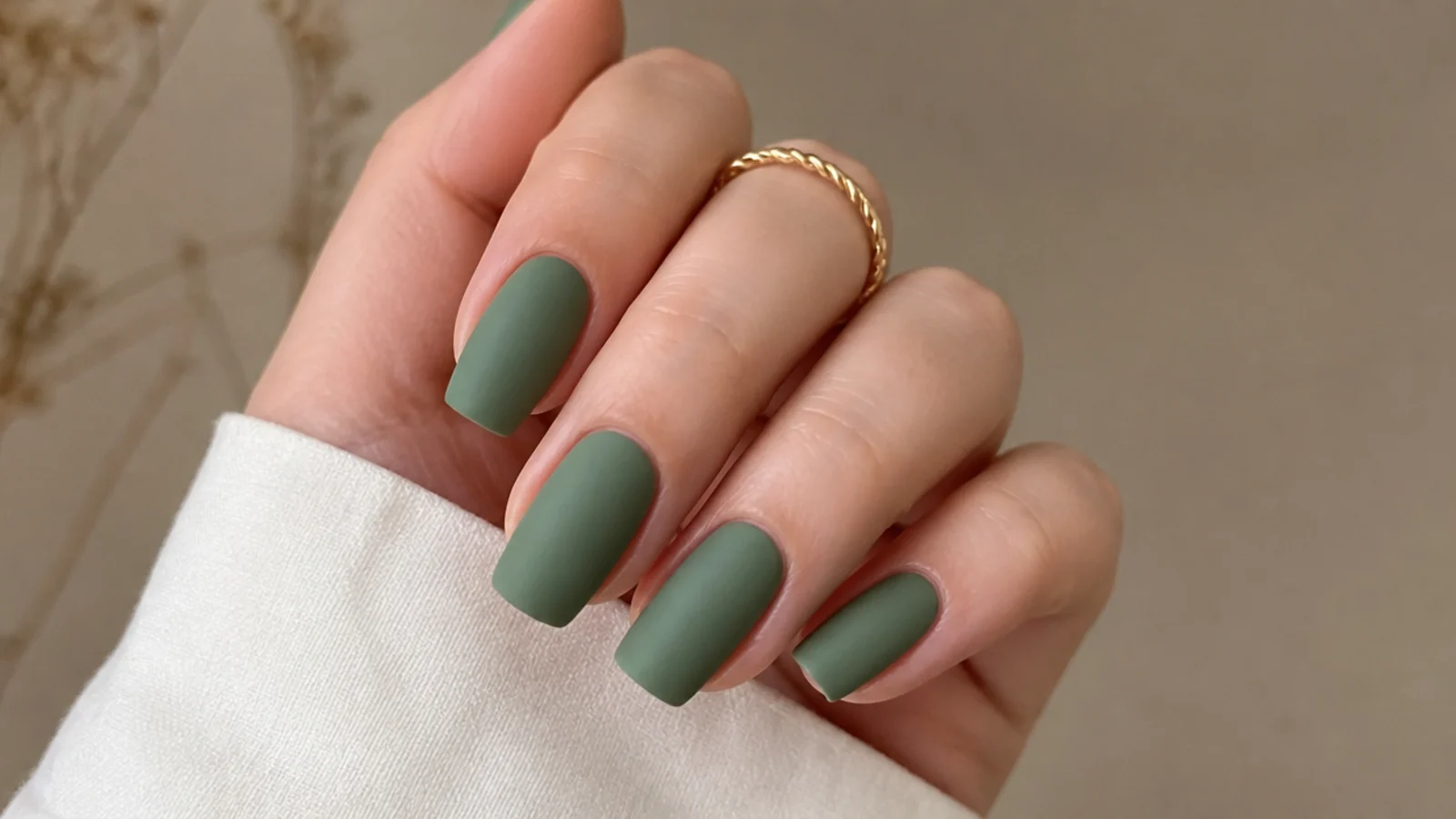Flat matte pine green nails with a soft velvety non-shiny finish