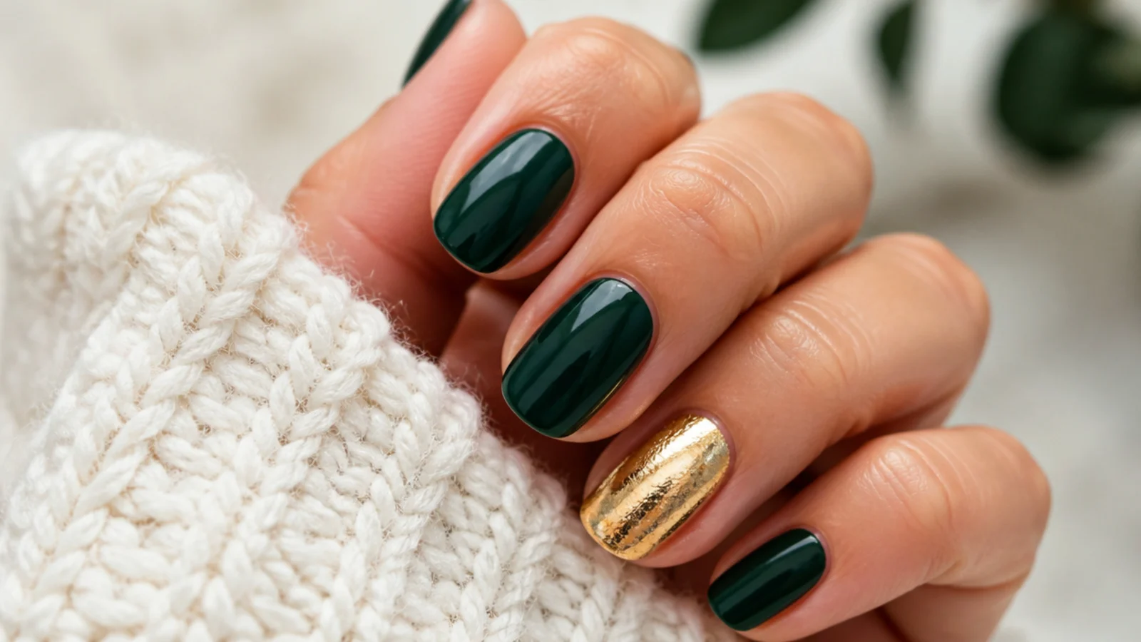 Glossy emerald nails with one full gold foil accent nail