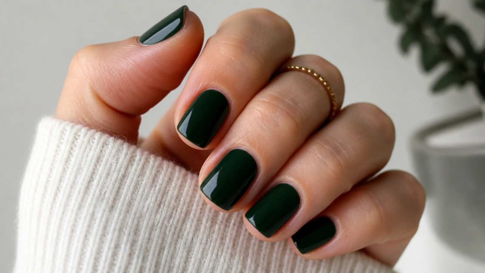 Short squoval dark green nails with a clean glossy finish
