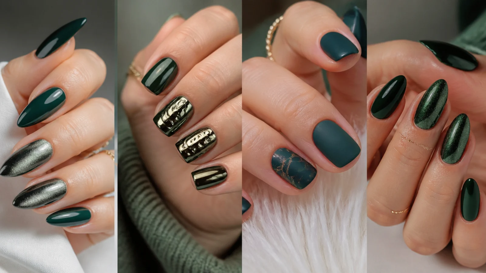 Glossy, velvet, chrome and matte dark green nails in different shapes